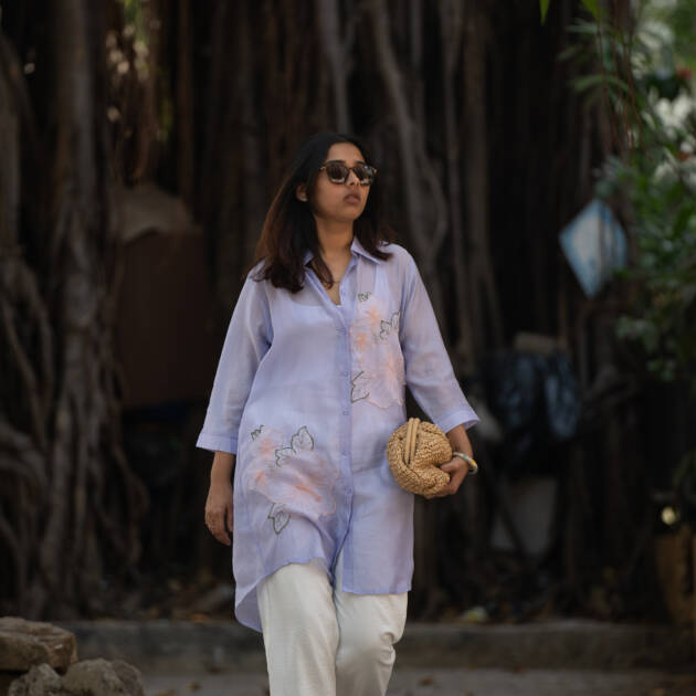 Holyhock embroidered Chiffon collared shirt kurta