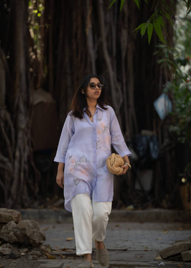 Holyhock embroidered Chiffon collared shirt kurta