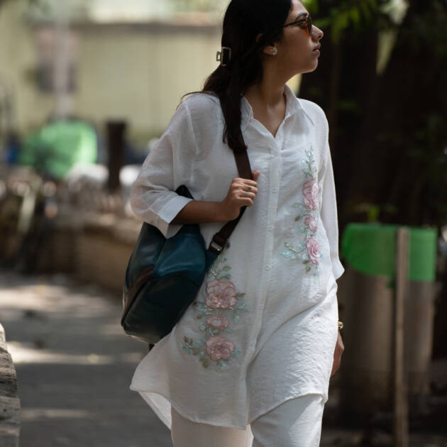 Chamomile Hand Embroidered Chiffon Collared Shirt Kurta