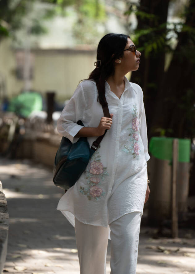 Chamomile Hand Embroidered Chiffon Collared Shirt Kurta