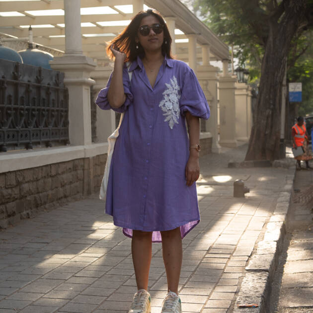 Bouquet Hand Embroidered Collared Shirt Dress in Cotton Flax