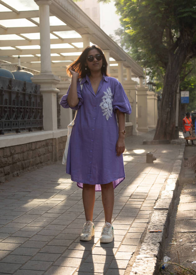 Bouquet Hand Embroidered Collared Shirt Dress in Cotton Flax