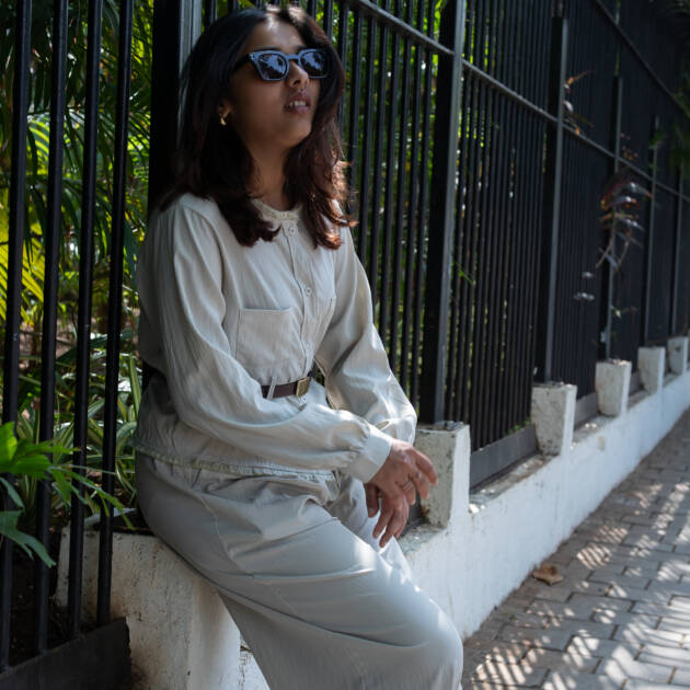 Jasmin crop top and pant co-ord set in cotton flax with leather belt