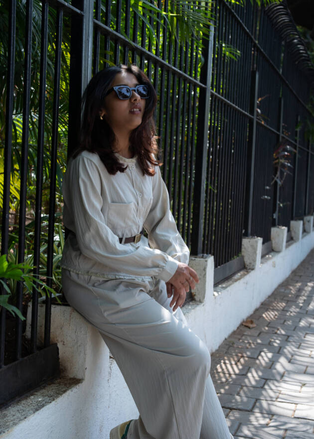 Jasmin crop top and pant co-ord set in cotton flax with leather belt