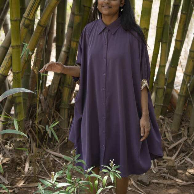 Blossom Sequin Embroidered Knee-Length Kaftan Dress in Italian Crape